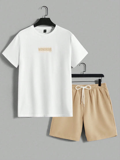 AXEPEAK Men'S Summer Letter Print round Neck Short Sleeve Casual T-Shirt and Shorts Set, Streetwear Ready