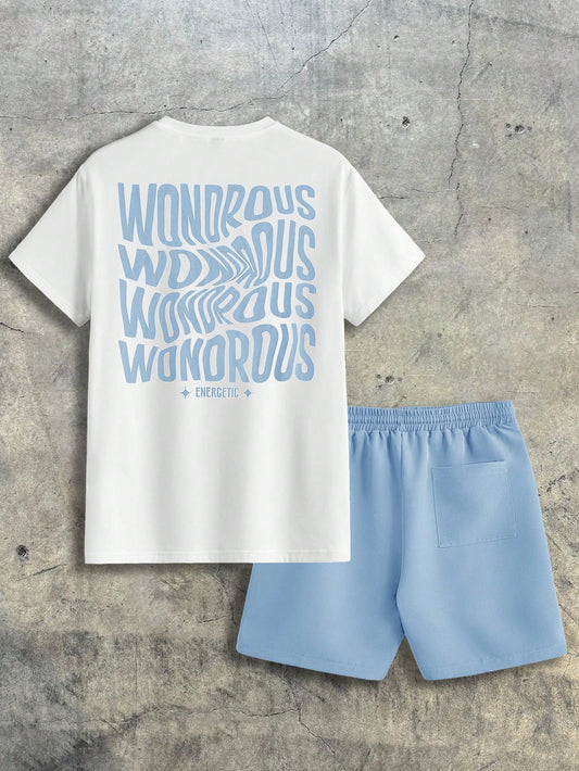 AXEPEAK Men'S Summer Letter Print round Neck Short Sleeve Casual T-Shirt and Shorts Set, Streetwear Ready