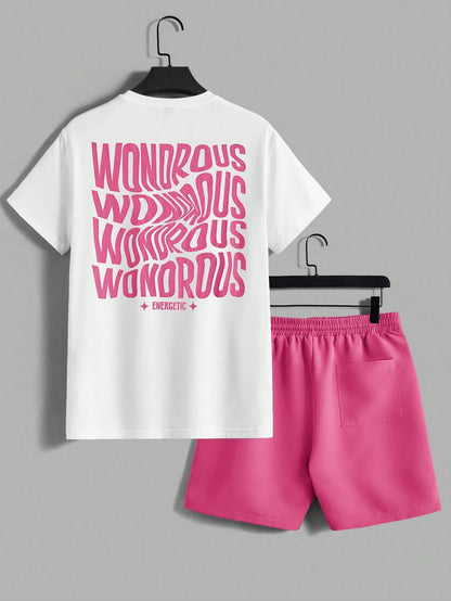 AXEPEAK Men'S Summer Letter Print round Neck Short Sleeve Casual T-Shirt and Shorts Set, Streetwear Ready