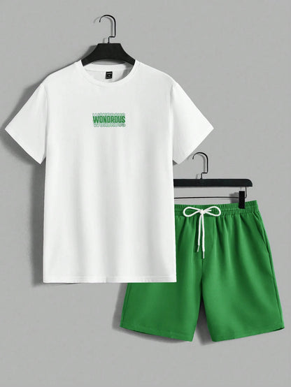 AXEPEAK Men'S Summer Letter Print round Neck Short Sleeve Casual T-Shirt and Shorts Set, Streetwear Ready