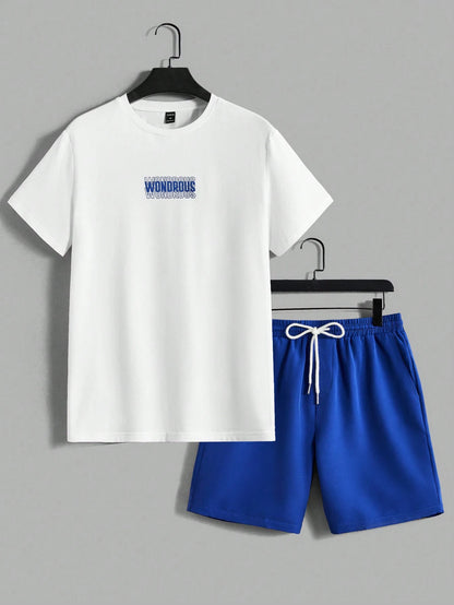 AXEPEAK Men'S Summer Letter Print round Neck Short Sleeve Casual T-Shirt and Shorts Set, Streetwear Ready