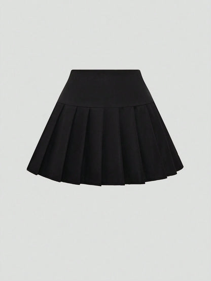 Sweetra Solid Color Casual Pleated Skirt