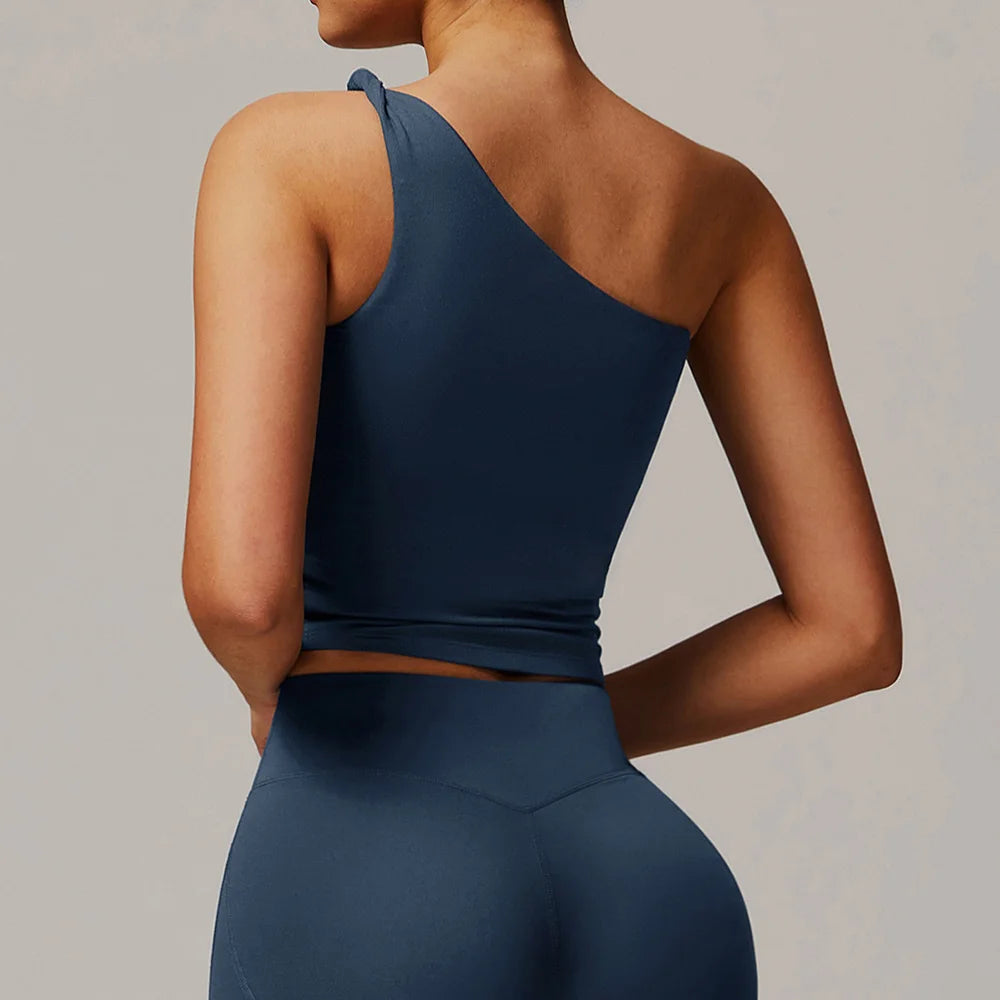 Single Shoulder Tank Top Women Gym Women Sports Underwear Push up Crop Top Fitness Bra Breathable Running Athletic Sportswear