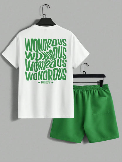 AXEPEAK Men'S Summer Letter Print round Neck Short Sleeve Casual T-Shirt and Shorts Set, Streetwear Ready
